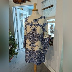 Aggie Floral Blue And Ivory Bell Sleeve Dress